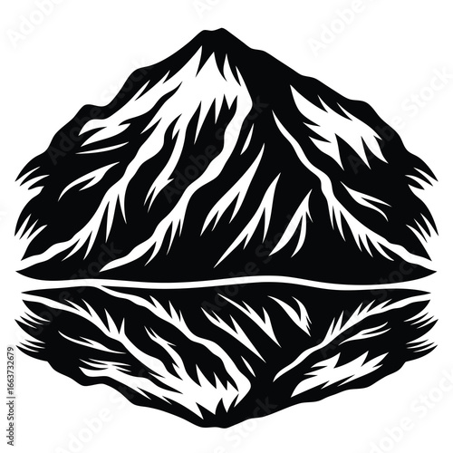 Monochromatic mountain range reflected over still water in a stylized artistic design
