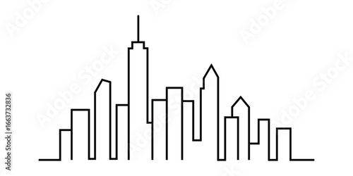 Outline city skyline illustration with modern skyscraper contour, simple line art of metropolitan buildings for urban design concepts