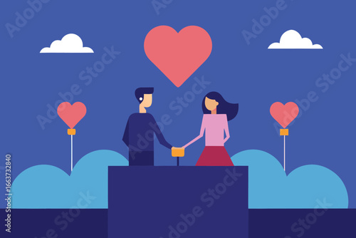 A couple is holding hands under a heart, with balloons and clouds in the background, creating a romantic and sweet scene for valentines day