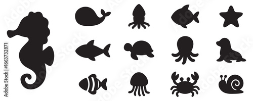 Sea animal silhouette set featuring fish, seahorse, octopus, crab, starfish, and aquatic icons for marine wildlife and ocean themes