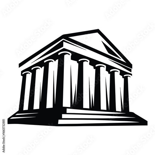 Black and white illustration of a stylized classical building with columns