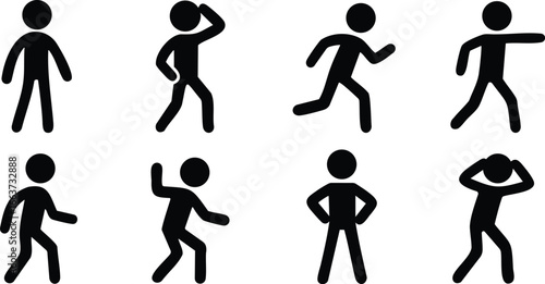 Stickman silhouette set showing different body positions including walking, running, dancing, casual, and playful standing poses