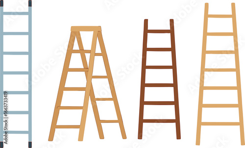 Collection of four different ladders, including a stepladder, for various concepts like construction, home improvement, and reaching goals.