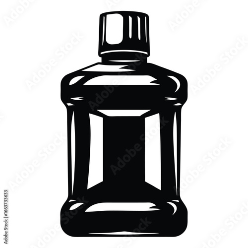 Black and white cartoon illustration of a mouthwash bottle product
