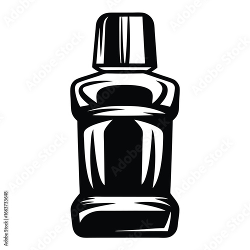 Black and white rendition of a bottle of liquid mouthwash cleaner