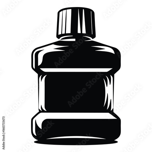 Bold and graphic black and white illustration of a generic mouthwash bottle