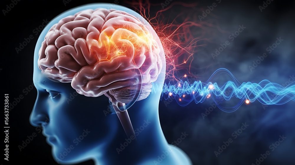 Obraz premium Human Brain with Electrical Signals and Waves anatomy