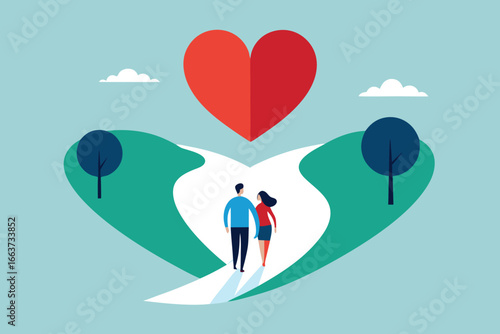 A couple walks on a path shaped like a heart, representing love, romance, and togetherness in a scenic and romantic landscape
