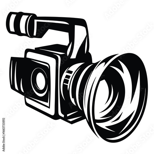 Vintage style monochrome illustration of a camcorder for professional video production