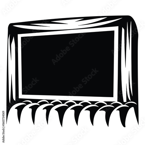 Oldfashioned movie theater screen with curtains and stylized audience members