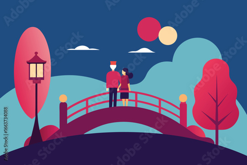A couple standing on a bridge at night, enjoying the romantic scenery with the moon and lantern light, symbolizing love and togetherness