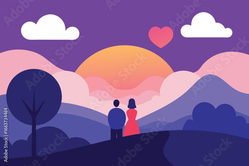 A romantic couple watching the sunset in a beautiful landscape, symbolizing love and togetherness in a serene and peaceful environment