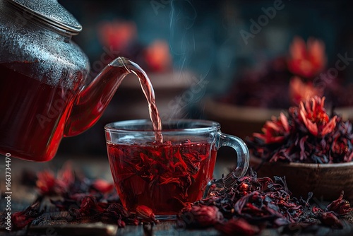 Hot tea is poured from a glass teapot into a cup. Red hibiscus tea in a glass cup,