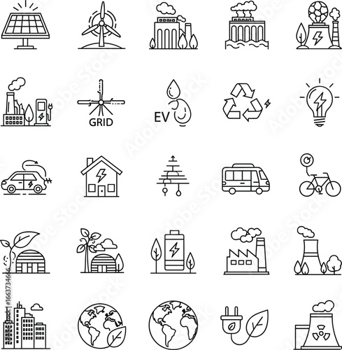 Renewable energy and sustainability icons for green technology, eco power, electric vehicles, solar, wind, recycling, and smart cities