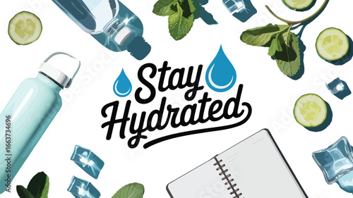 Stay Hydrated Reminder: A refreshing still life arrangement highlighting the importance of hydration with fresh elements, encouraging a healthy lifestyle.