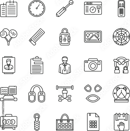 Security and identification icon set with ID card, lock, surveillance, access, biometrics, documents, camera, and verification tools