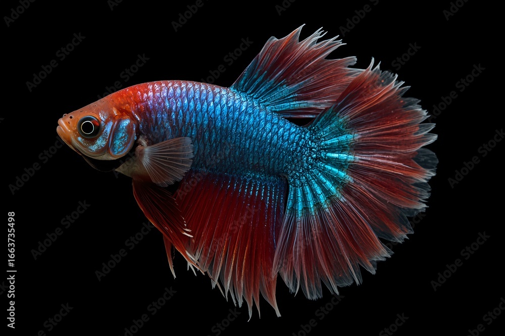 Fototapeta premium Colorful betta fish, studio shot, black background, aquarium use