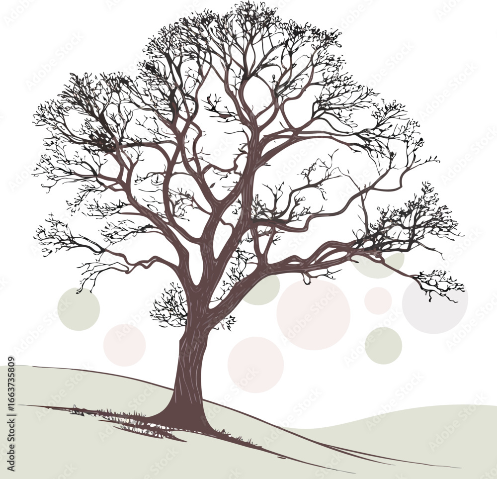 Obraz premium Minimalistic Vector of a Lone Tree with Intricate Branching – Translucent Overlapping Shapes in Pale Pink and Olive
