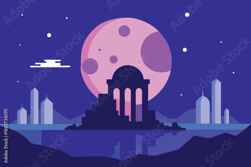 A captivating night scene featuring a silhouette of an ancient temple with a large moon and city skyline, creating a serene and dreamy atmosphere