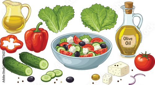 Mediterranean Salad Ingredients colored Illustration: A vibrant illustration of a Mediterranean salad, featuring a medley of fresh vegetables and essential ingredients, 