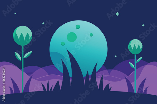 A whimsical night landscape featuring a full moon, stylized plants, and a dreamy atmosphere, perfect for a fantasy or childrens illustration