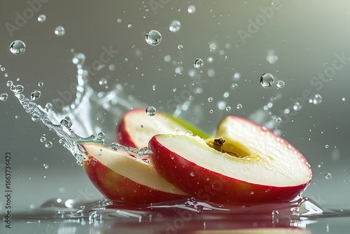 Fresh red apple slices splash water dynamic action refreshing healthy food photography
