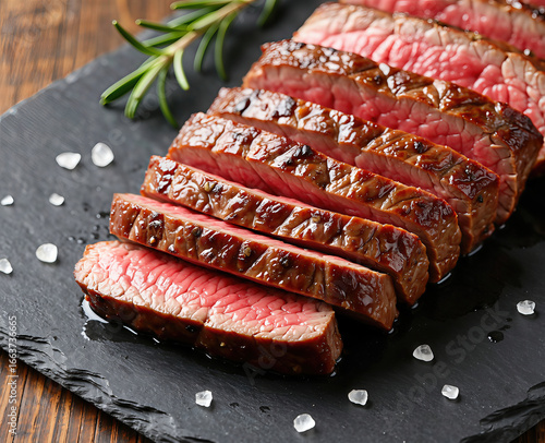 Sliced medium-rare steak on black table, top view