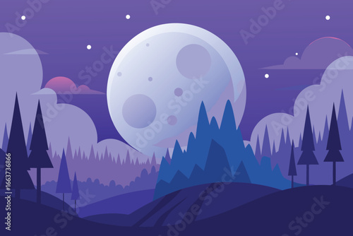 A serene night landscape featuring a large moon over a forest and mountains, with stars twinkling in the dark sky