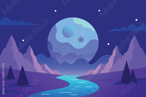 A serene night landscape with a large moon, mountains, and a winding river under a starry sky, creating a peaceful and dreamy atmosphere
