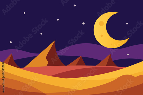 A captivating desert landscape under a crescent moon and starry sky, showcasing the beauty and tranquility of the arid environment at night