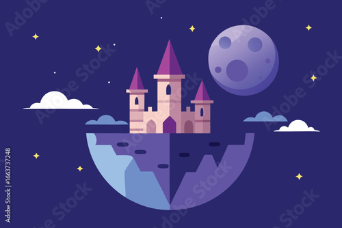 Fantasy castle on the island under the moon and stars at night, vector illustration around 130 characters