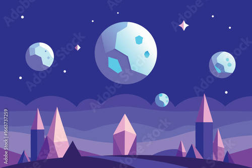 Fantasy landscape with planets and city under the stars at night, vector illustration around 130 characters
