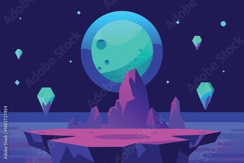 A futuristic fantasy landscape with a floating island, a glowing planet, and floating crystals, creating a vibrant and otherworldly scene