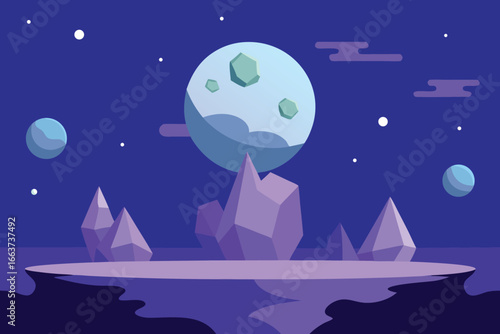 A serene space landscape featuring a floating island with crystal formations, planets, and stars, creating a calm and mystical atmosphere
