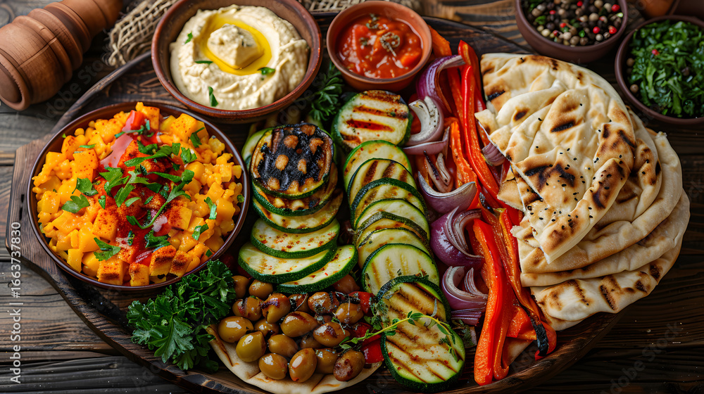 Fototapeta premium Mediterranean Platter: Grilled Vegetables, Hummus, and Pita Bread