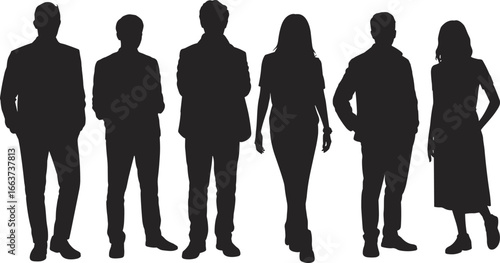 CAD Diverse Business People Silhouettes: Professional Men and Women Standing, Full Body Figures Isolated on White, Ideal for Corporate Presentations and Architectural Renderings.