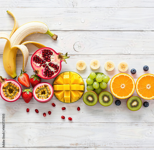 Strawberry, banana, pomegranate, grapes, mango, and orange in a row on white table, top view