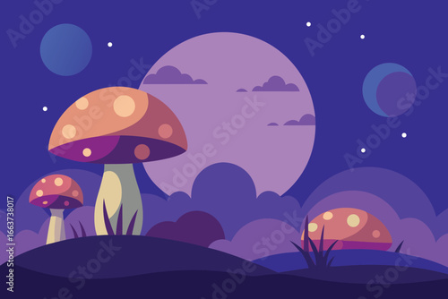 A whimsical landscape featuring vibrant mushrooms under a dreamy moonlit sky, creating a magical and enchanting scene filled with fantasy and wonder
