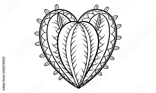 Decorative Cactus Heart t shirt vector silhouette and line art design, high-quality outline illustration, creative coloring artwork, calming activity, printable art therapy drawing.