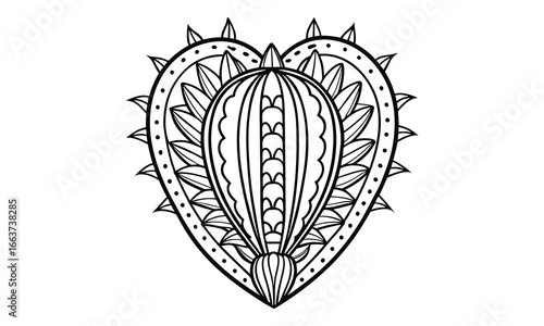 Decorative Cactus Heart t shirt vector silhouette and line art design, high-quality outline illustration, creative coloring artwork, calming activity, printable art therapy drawing.