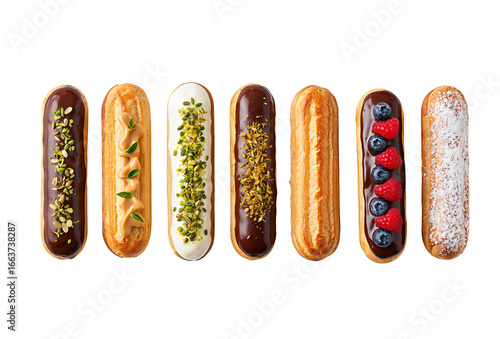 Eclairs assorted flavors top view PNG without background