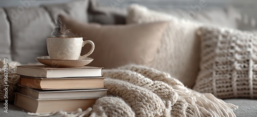 Wallpaper Mural Cup of coffee and books on a sofa with a knitted blanket in a cozy home interior, evoking winter relaxation, reading, and warm indoor lifestyle concepts Torontodigital.ca