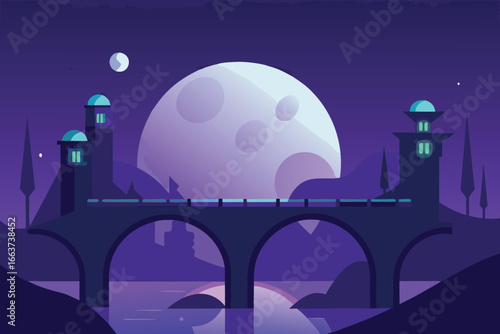 A captivating illustration of a bridge at night, with a full moon illuminating the sky and reflecting in the water, creating a serene and magical scene