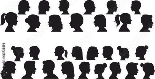 CAD Diverse collection of human head silhouettes, showcasing various hairstyles for men and women in profile views, ideal for anonymous user avatars, identity concepts, and digital design.
