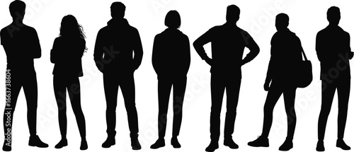  CAD Diverse group of young urban men and women silhouettes standing together, a detailed vector graphic illustration of various casual poses on a clean white background.