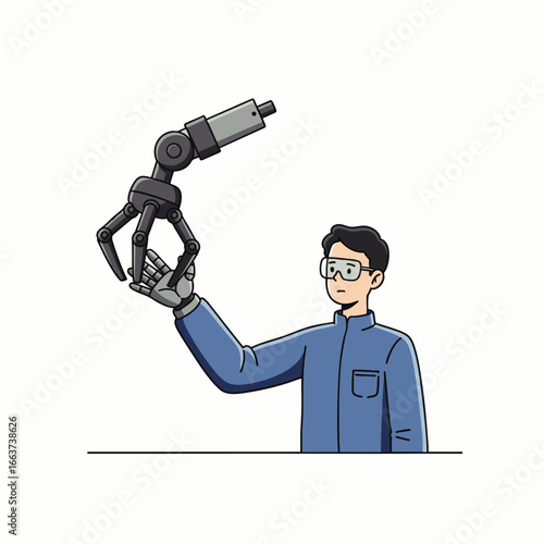 A focused engineer in safety glasses carefully inspects a detailed robotic arm, embodying the exciting progress in artificial intelligence and modern technology.