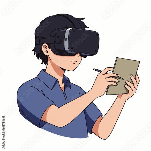A focused individual wearing a sleek VR headset, diligently interacting with a digital tablet and stylus, symbolizing immersive technology and creative innovation.