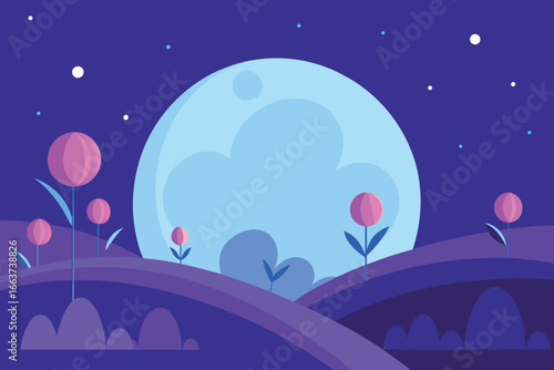 A serene lunar landscape with whimsical flowers blooming under the soft glow of the moon, creating a dreamy and enchanting nocturnal scene