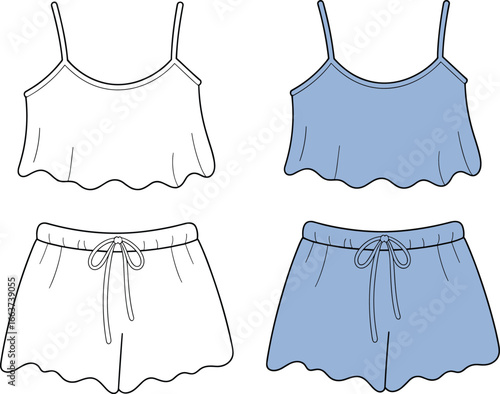 Fashion flat sketch vector illustration of women’s camisole crop top with matching drawstring shorts pajama set, front and back view design