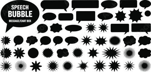 Set of black and white speech bubbles and chat boxes for communication, messaging, graphic design, and creative vector illustration use